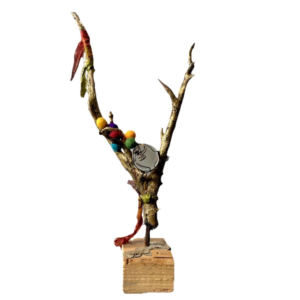 Colorful Artistic Sculpture Wood, glass wrapped in wire, wool felting, silk